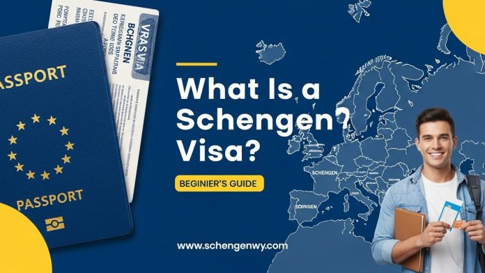 What is a Schengen visa beginner guide showing Europe map, passport, and visa stamp